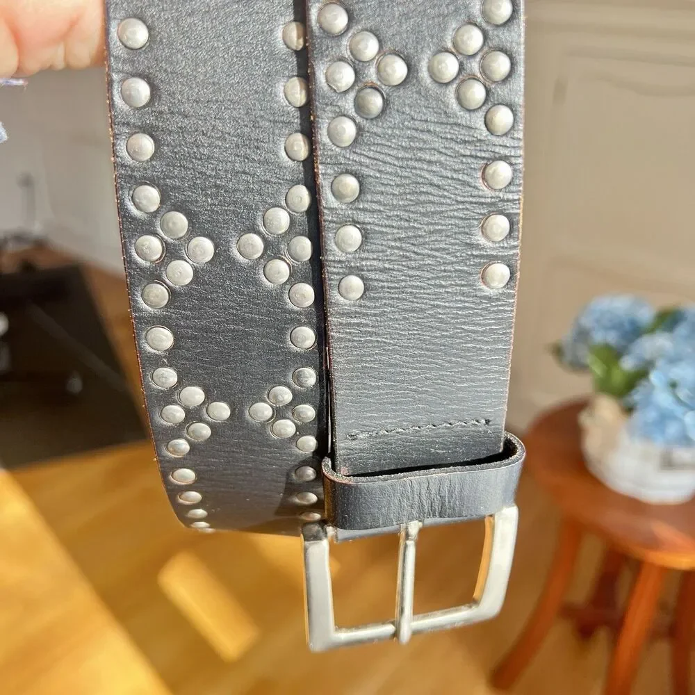 Black Leather Studded Western Boho Moto belt brass buckle 37 ins long